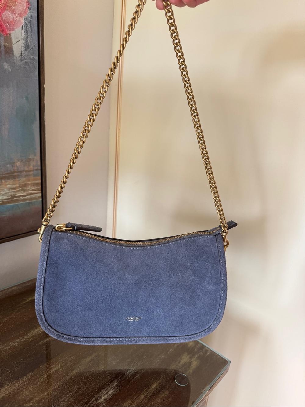 Coach Blue Suede Shoulder Bag with Gold Chain